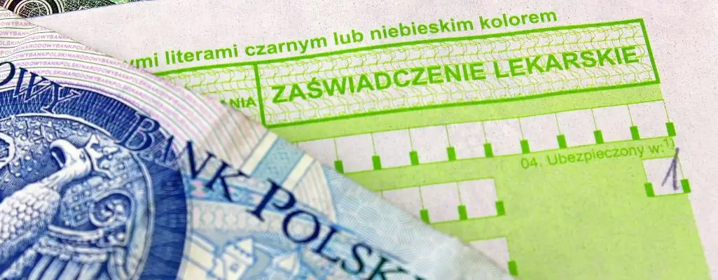 Obrazek wyróżniający do artykułu - na ile dni opłaca się brać zwolnienie lekarskie. Widoczny druk zwolnienia oraz banknoty.